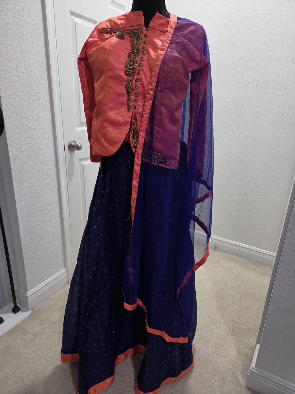 Navy Blue & Coral Indian Lehenga Choli Set Size 38 with Dupatta